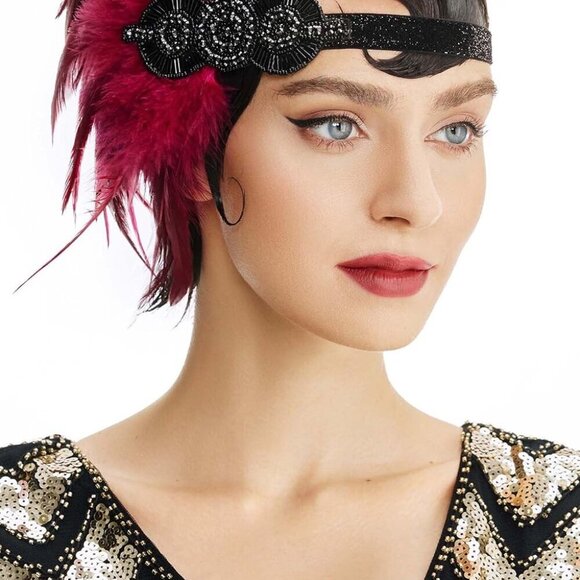 1920s Flapper Headpiece Vintage Beads Feathers Gatsby Party Accessory main image 4